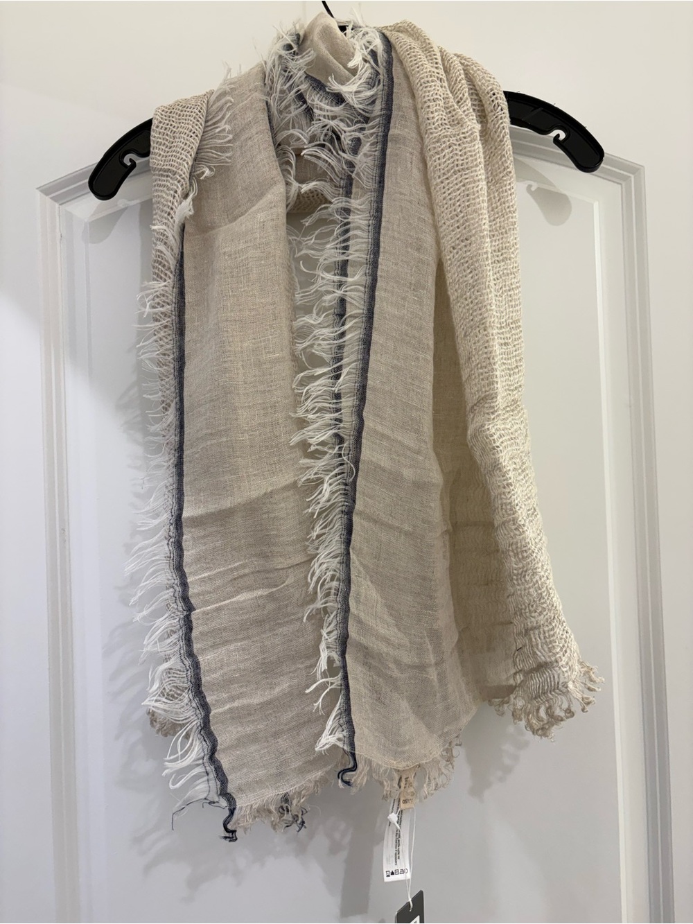 NWT Eileen Fisher Neutral Navy-Bordered Fringe Linen-Blend Scarf